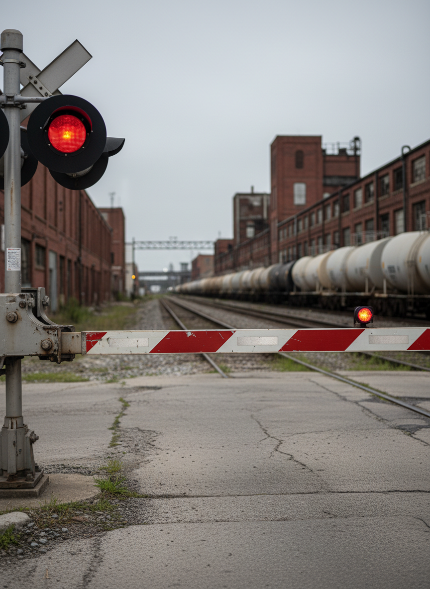 A close-up, photographic view of a heavy steel railroad crossing gate lowered across a cracked urban street in Houston’s East End, bright red warning lights frozen mid-flash. The gate’s chipped white and red paint, rusted bolts, and worn reflective tape are rendered in sharp detail. Behind it, multiple tracks vanish into a maze of industrial warehouses and tank cars under an overcast sky. Soft, diffused daylight creates minimal shadows, emphasizing the stark textures of metal, gravel, and concrete. Shot at eye level with a shallow depth of field, the gate dominates the foreground while the sprawling rail yard gently blurs behind. The mood is tense yet controlled, evoking disruption and barrier, in a clean, professional documentary photographic style.