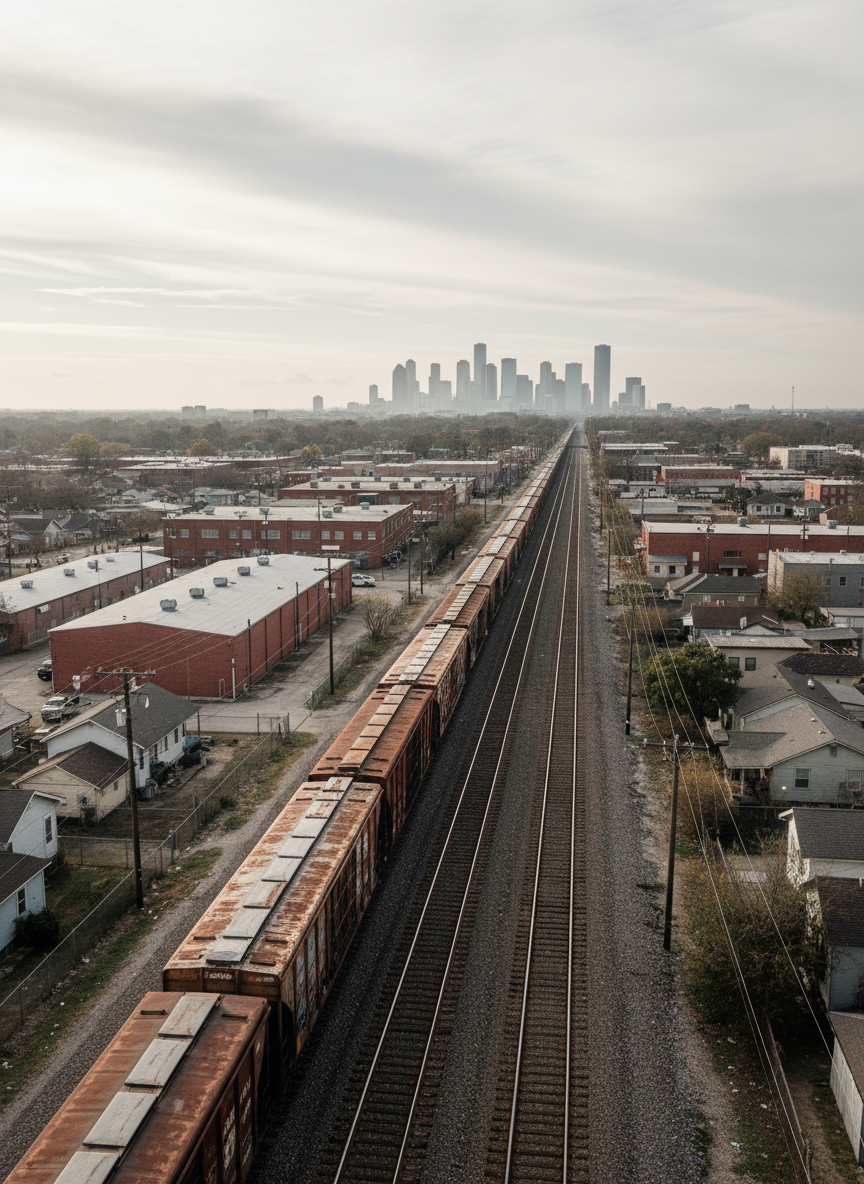 A long freight train with rusted, weathered railcars stretches across a flat Houston landscape, the tracks cutting a hard diagonal through a dense East End neighborhood of modest industrial buildings and small homes. Overhead, hazy late-afternoon light filters through thin clouds, creating soft, diffused illumination that highlights the metallic textures of the rails, gravel ballast, and faded paint on the cars. The composition is shot from a slightly elevated, wide-angle perspective, emphasizing how the rail line slices the community in two. In the distance, the Houston skyline appears faint and slightly blurred. The mood is serious and contemplative, with clean, photographic realism and balanced, documentary-style framing.