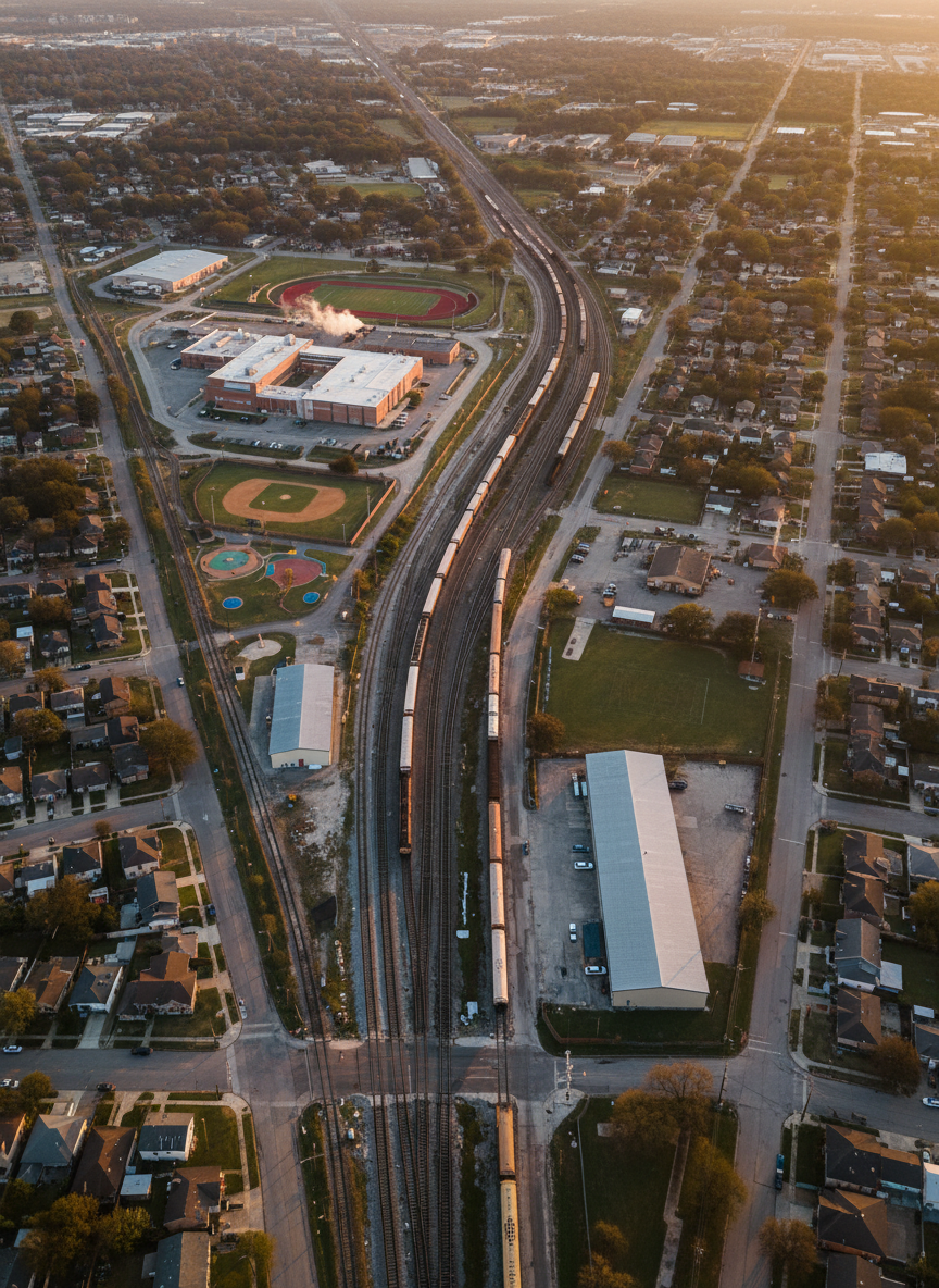 An aerial, photographic view of Houston’s East End rail corridor at dusk, multiple parallel tracks weaving between compact residential blocks, small parks, and low-slung industrial facilities. The warm, fading sunlight casts long, slender shadows from railcars and signal towers across the ground, while streetlights and crossing signals begin to glow with a subtle orange hue. The composition uses a wide, top-down perspective that clearly shows how the rail lines intersect with schools, homes, and community spaces. The atmosphere feels analytical and informative, not sensational, with crisp detail across the entire frame. The overall style is professional, map-like photographic realism, emphasizing infrastructure, density, and the community impacted by a major rail merger.