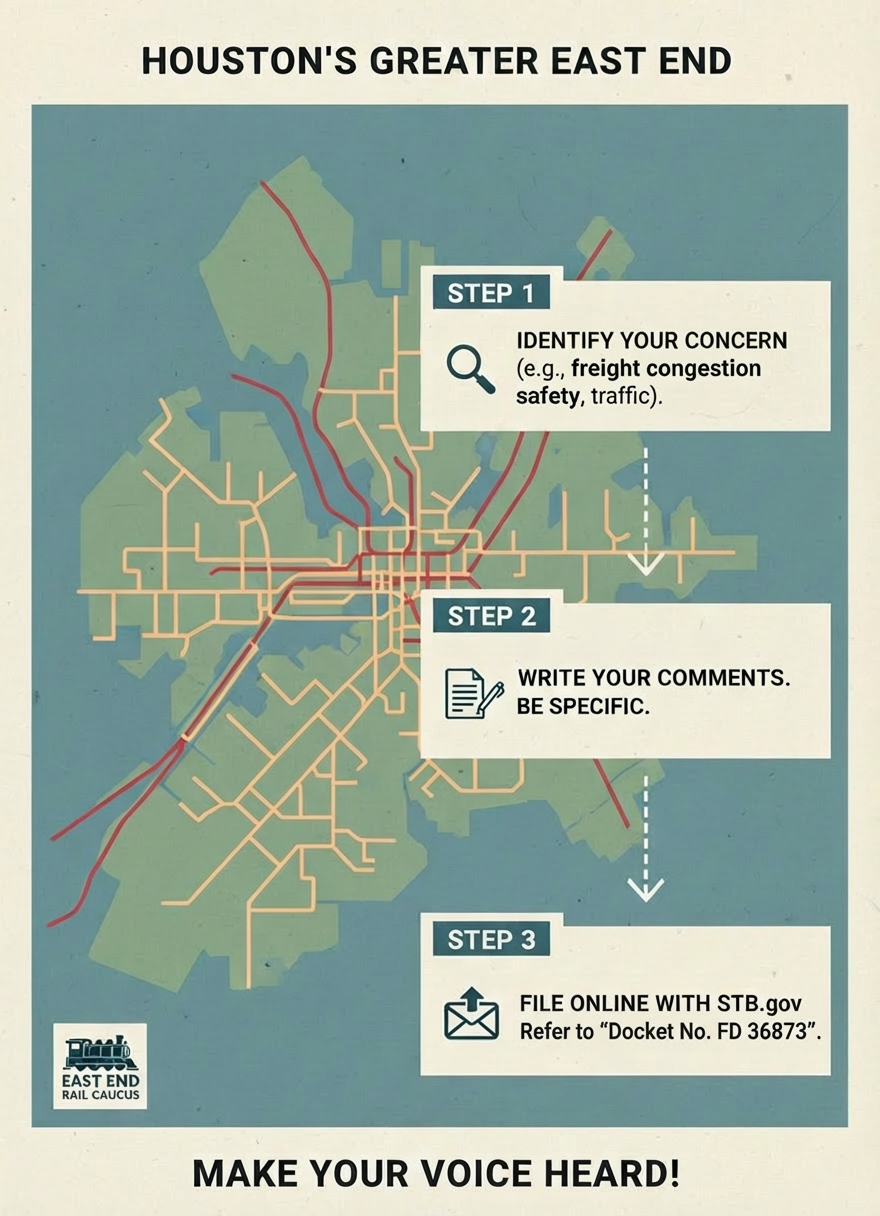 Instructional, map-like portrait image explaining how residents in Houston’s Greater East End can file comments with the Surface Transportation Board (STB) about the proposed Union Pacific–Norfolk Southern rail merger. Clean, informative style to match a civic action website, with subtle references to rail lines, neighborhood streets, and official filing steps, avoiding any sensational or dramatic imagery.